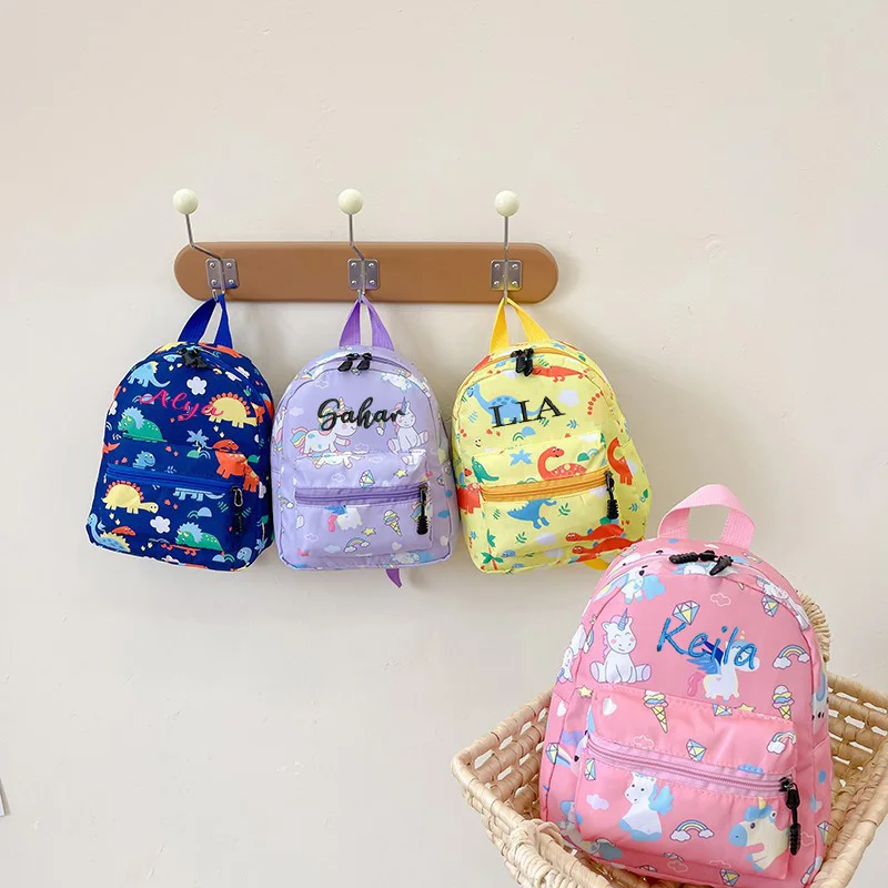 Mochila de desenhos animados bonitos personalizados para crianças, Little Dinosaur Kindergarten Schoolbag, nome bordado, sacos simples crianças