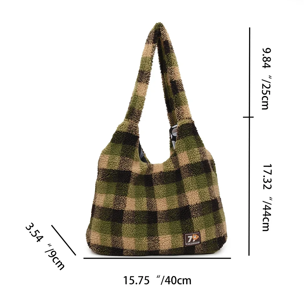 Women Cute Lamb Wool Fluffy Handbag Large Capacity Plush Shoulder Bag Plaid Pattern Tote Bag Vintage Fashion Shopping Bag pouch