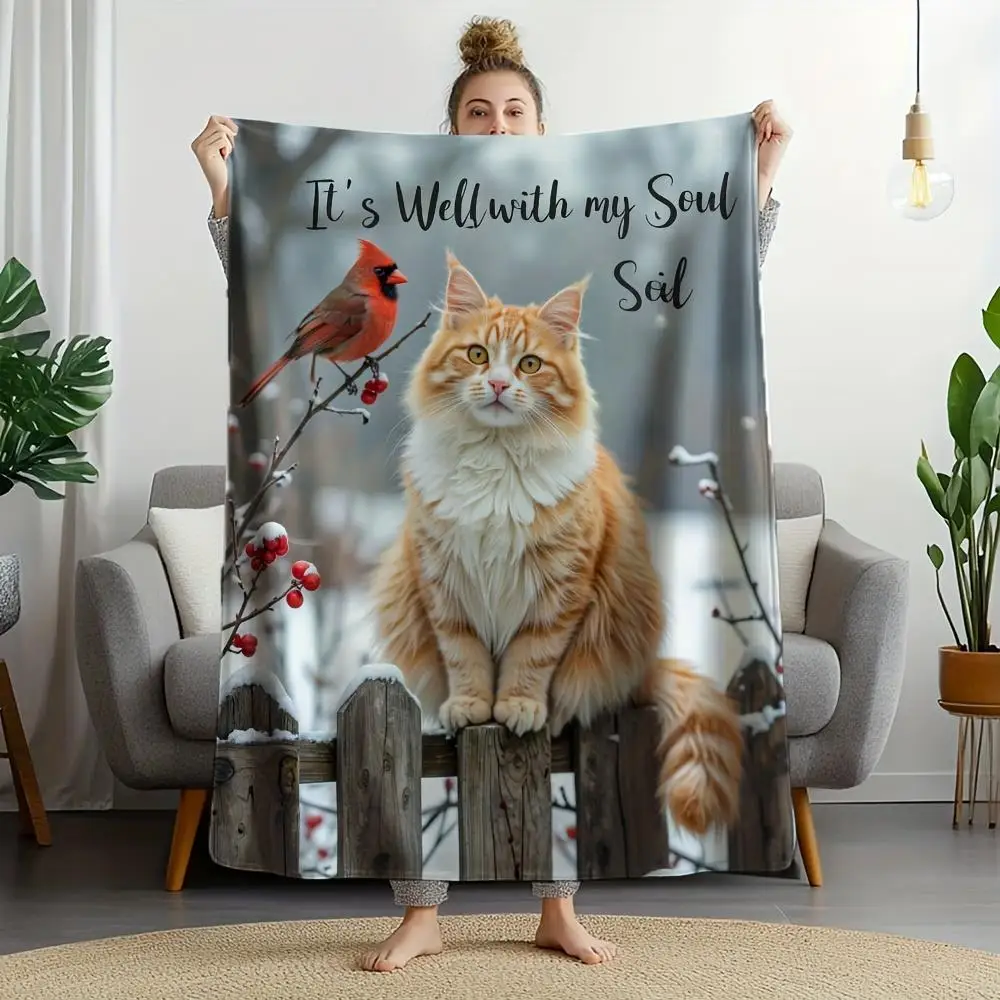 Cozy Christmas Blanket, Ginger Tabby Cat and Cardinal Design, Soft Flannel Throw for Sofa Bed, Vintage Gift for Cat Lovers