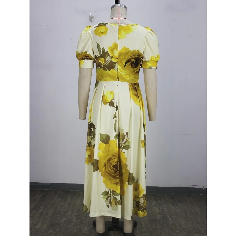 Stand Collar Floral Printed Elegant Dress for Women' Lantern Sleeve Pleated A-line Party Wedding Guest Evening Midi Dress 2026