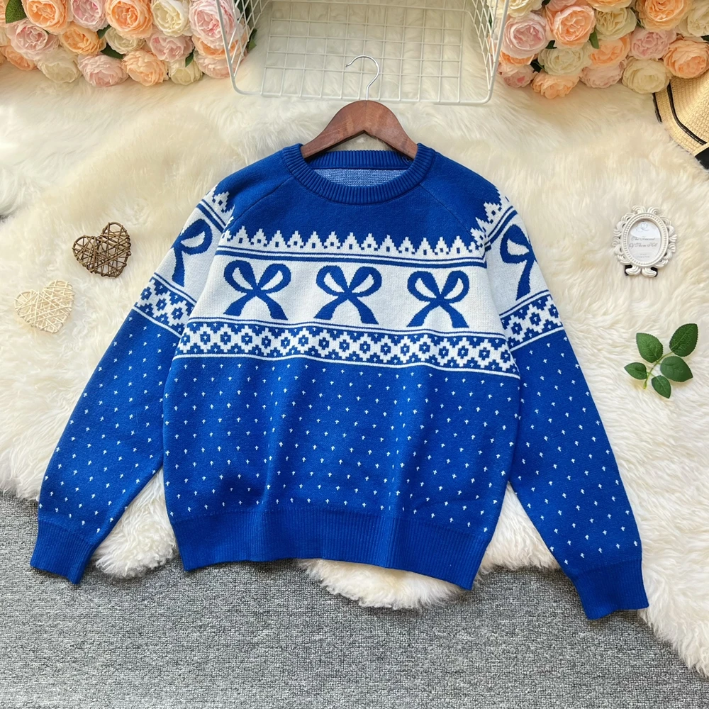 YuooMuoo Ins Fashion Aesthetic Sweaters Women 2025 Autumn Winter Vintage Y2K Bows Jacquard Pullover Korean Lady Knitted Tops