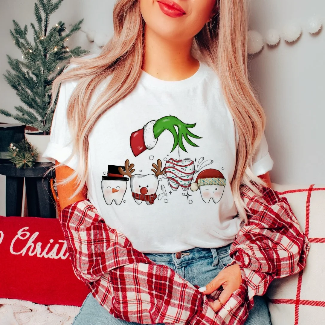 Funny Christmas Tooth Grinch Dental Fashion Pattern T-Shirt Short Sleeve Watercolor Style Top Clothing Printed Large Size T-Shir