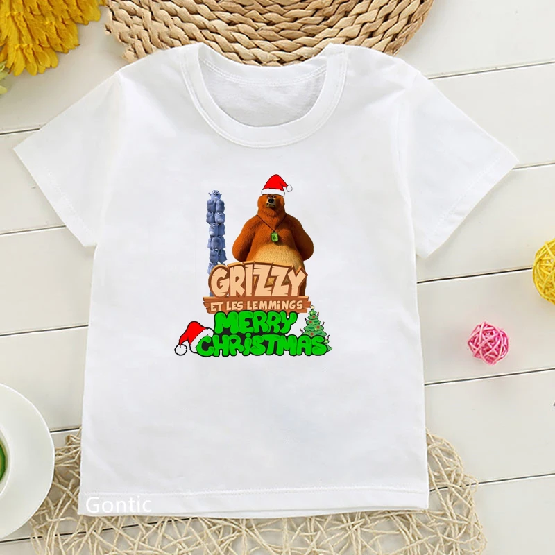 Merry Christmas Grizzly Bear And Lemming T Shirt Children Funny Cartoon Tshirt Kids Boy Girl T-shirt Casual Clothes Xmas Gift