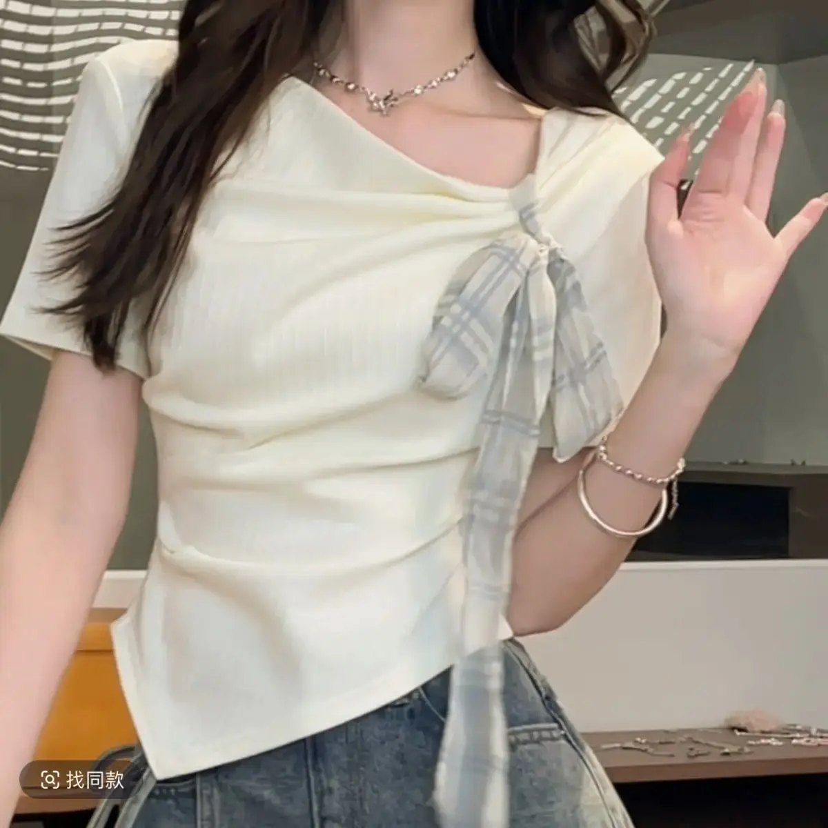 Summer Women's New Arrival Solid Color Sweet Style Pleated Fitted Bow Tie Irregular Short Sleeve Top