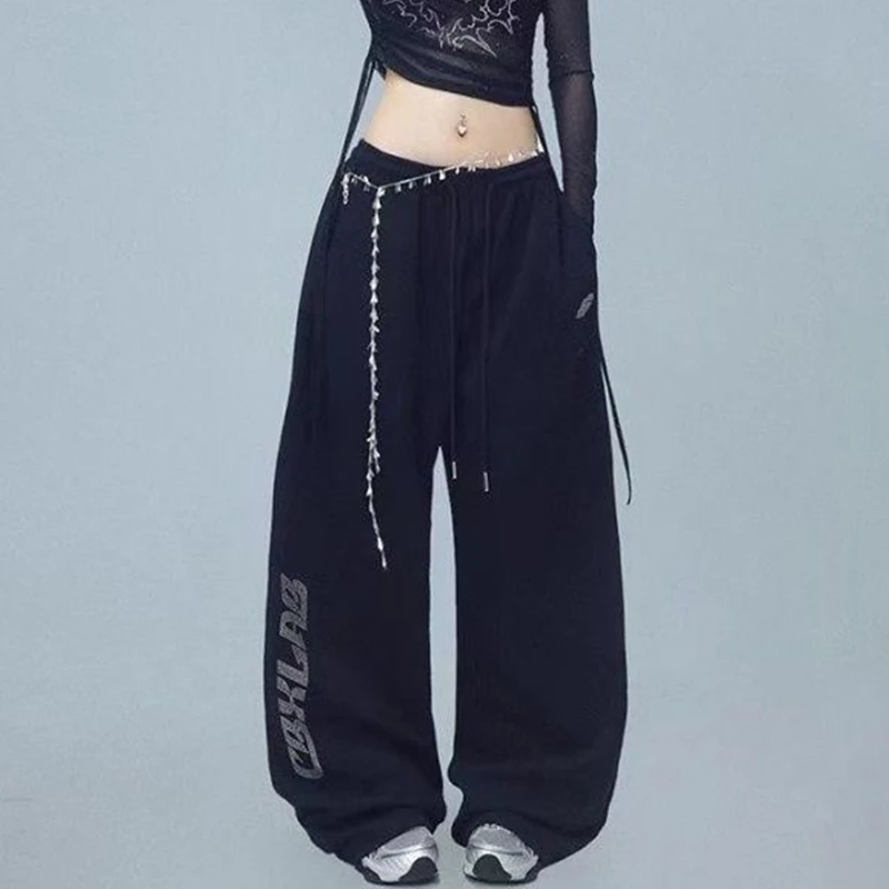 여성용 편지 인쇄 바지 느슨한 스포츠 바지 힙합 스트리트 댄스 넓은 다리 높은 허리 바지 캐주얼 심플한 디자인 Y2K