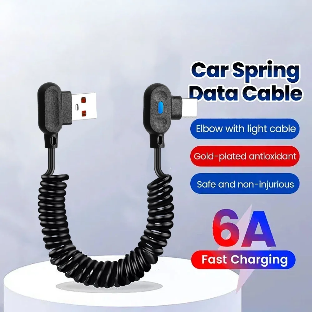6A Schnelllade-Spiralkabel Dual-Elbow USB-A auf Typ-C Kabel für iPhone 15 16 Pro Samsung Xiaomi Handy Ladekabel