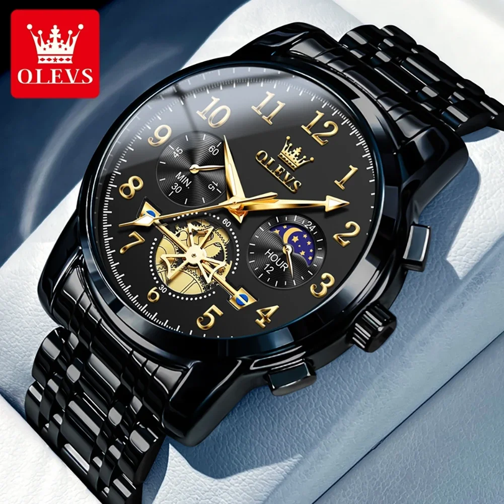 OLEVS Classic Flywheel Design Luxury Men's Watch Waterproof Moon Phase Chronograph Fashion Original Quartz Wrist Watch for Men