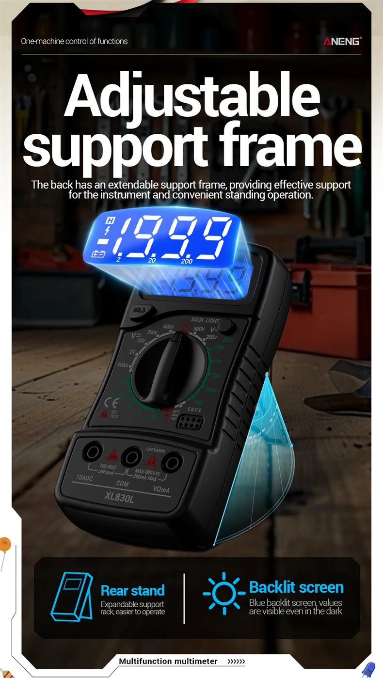 ANENG XL830L LCD-Hintergrundbeleuchtetes Multimeter 1999 Messungen 600V AC/DC Spannung DC 10A Strom Widerstand Dioden HFE Detektor mit Datenhaltefunktion – Detail 6