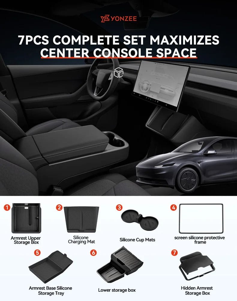 YZ für Tesla Model Y Standard Juniper RWD 2026 2025 Mittelkonsole Untere TPE-Aufbewahrungsbox Ladepad-Organizer Auto-Zubehör – Detail 1