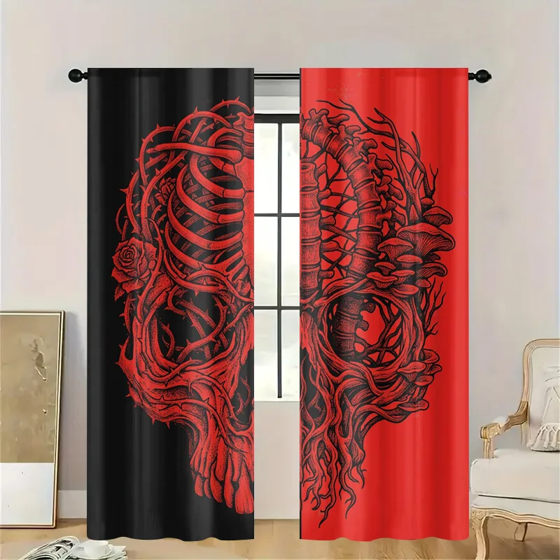Bohemian Gothic Skull Skeleton Print Curtains Window Curtain Panels Decorative Art Home Decor Translucent Tension Rod Window Scr