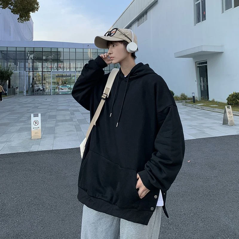 Side Slit Button Solid Simple Basic Hooded Autumn Spring Casual Long Sleeve Men Fashion Oversized Retro Large Size Sweatshirts