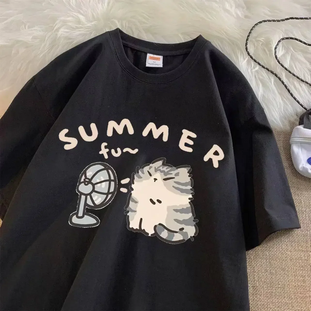 Summer Relaxed Short Sleeve Couple Wear INS Top American Street Creative Blow Fan Cat Pure Cotton T-shirt for Men and Women