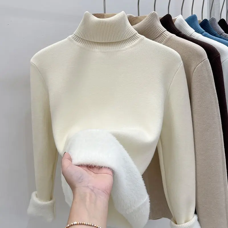 High Necked Sweater for Women with Plush and Thickened 2023 Autumn and Winter New Age Reducing Base Sweater Warm Knit Top