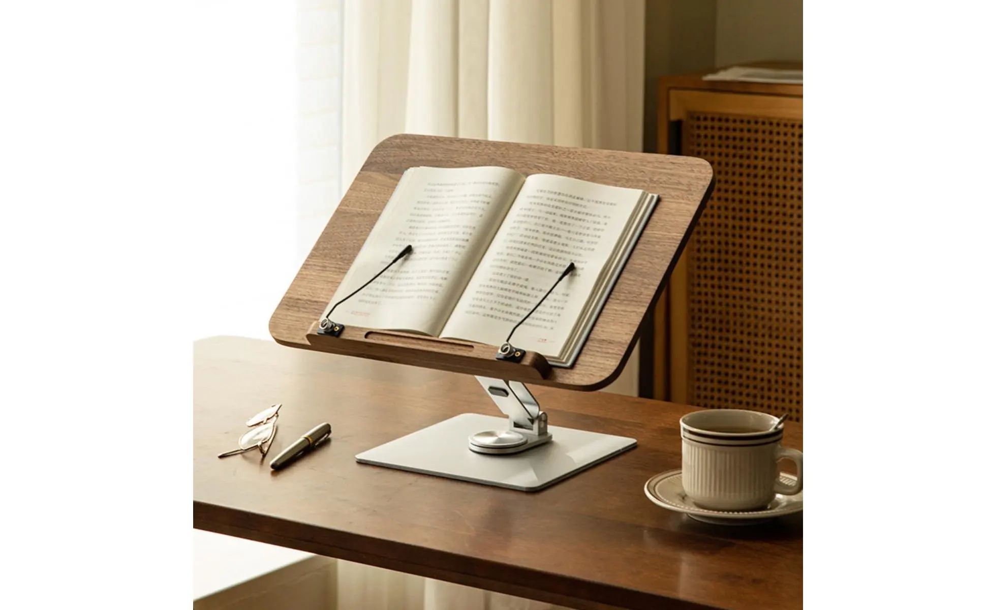 Adjustable Wooden Book Stand Ergonomic Design Walnut Literary Easel Rotating Desktop Book Holder Stable Metal Base