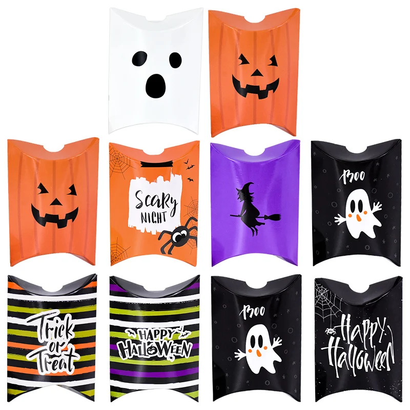 

​10Pcs Pillow Shape Halloween Candy Gift Box Pumpkin Ghost Biscuit Snack Packaging Halloween Party Decorations
