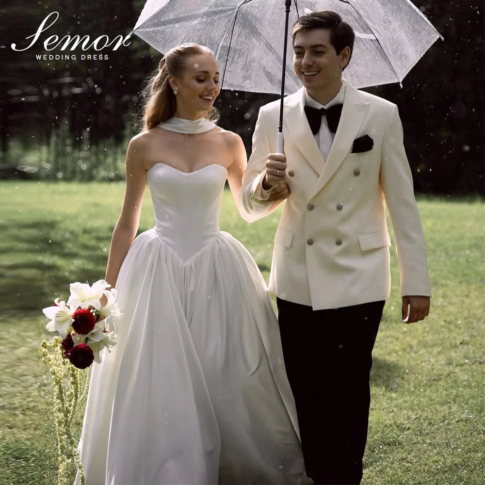 Vestidos de novia elegantes y personalizados Semor sin mangas con escote corazón para mujer 2026, estilo sirena con pliegues y lazo, ideales para fiestas.