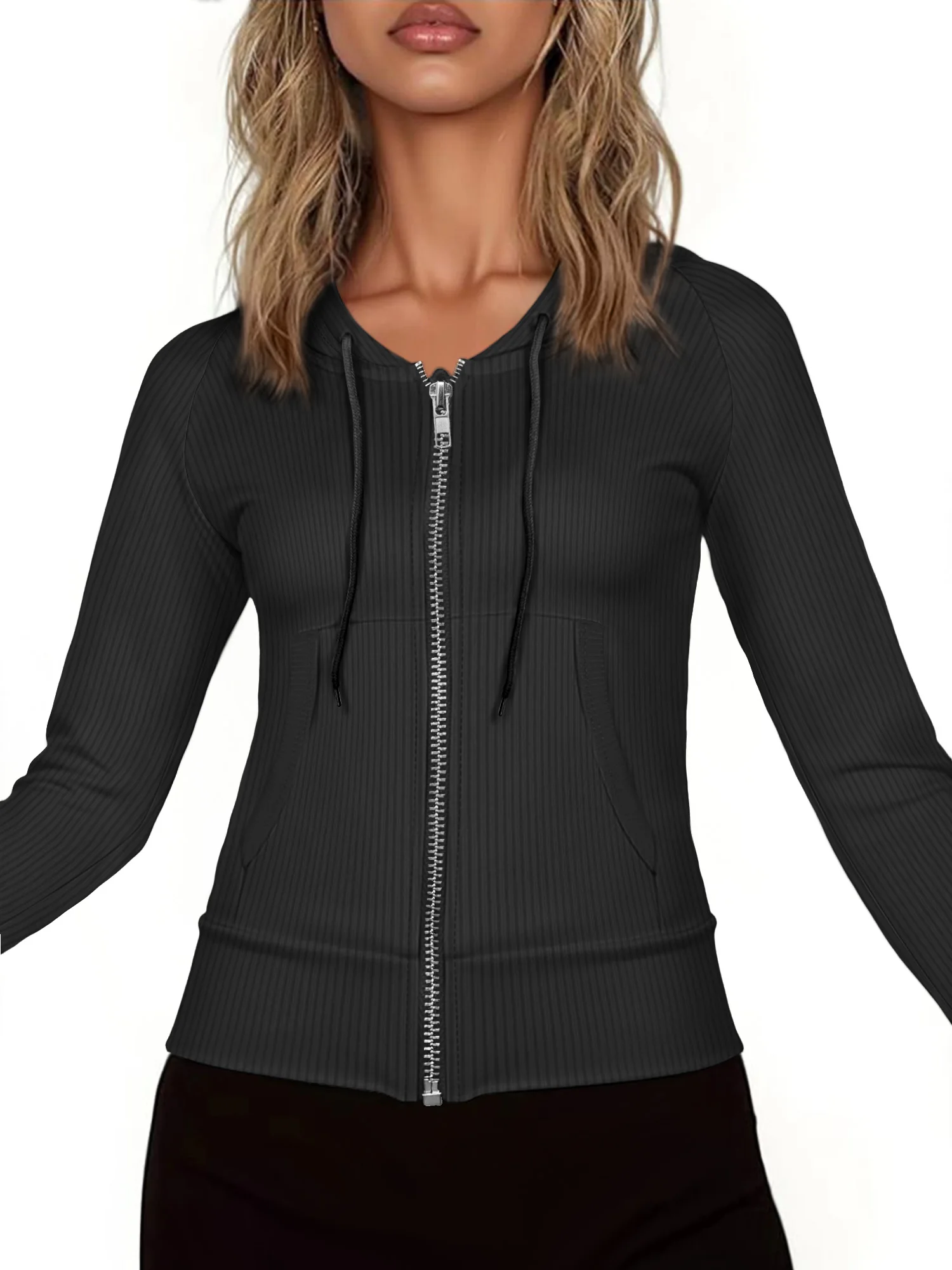 Fall Womens Drawstring Hoodie Jacket Ribbed Knit Full Zip Long Sleeve Slim Fitted Top