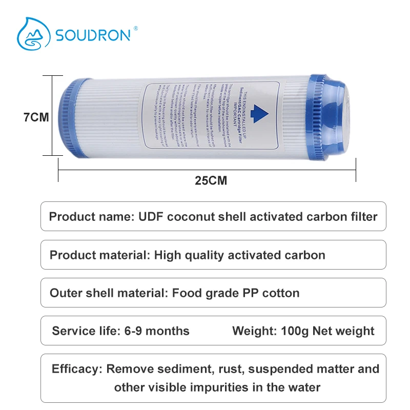SOUDRON UDF جوز الهند قذيفة الكربون المنشط تصفية استبدال المطبخ منقي مياه الشرب تصفية معالجة خرطوشة