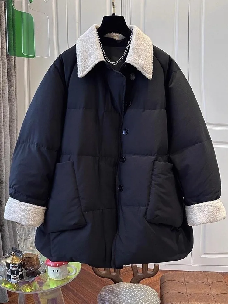 플러스 사이즈 중간 길이 칼라 재킷 여성용 겨울용 따뜻한 슬림핏 면 의류 트렌디
