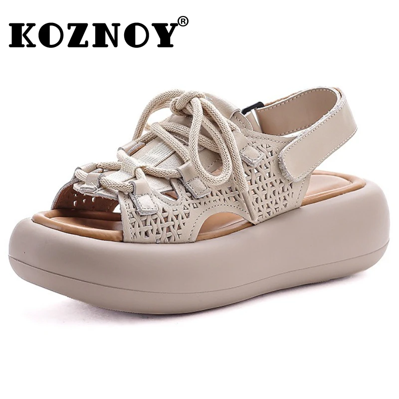 

Koznoy/женские сандалии из коровьей кожи 5 см, женские модные мокасины с открытым носком, летняя этническая обувь на танкетке и платформе с крючками