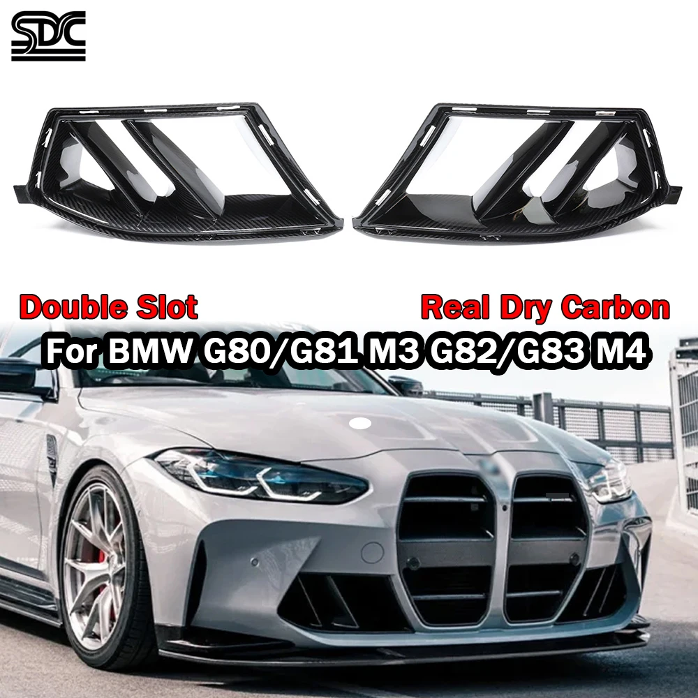 

Настоящий сухой передний бампер из углеродного волокна, вентиляционная крышка воздухозаборника для BMW M3 G80 M4 G82, передние каналы, глянцевое углеродное волокно, двойные планки