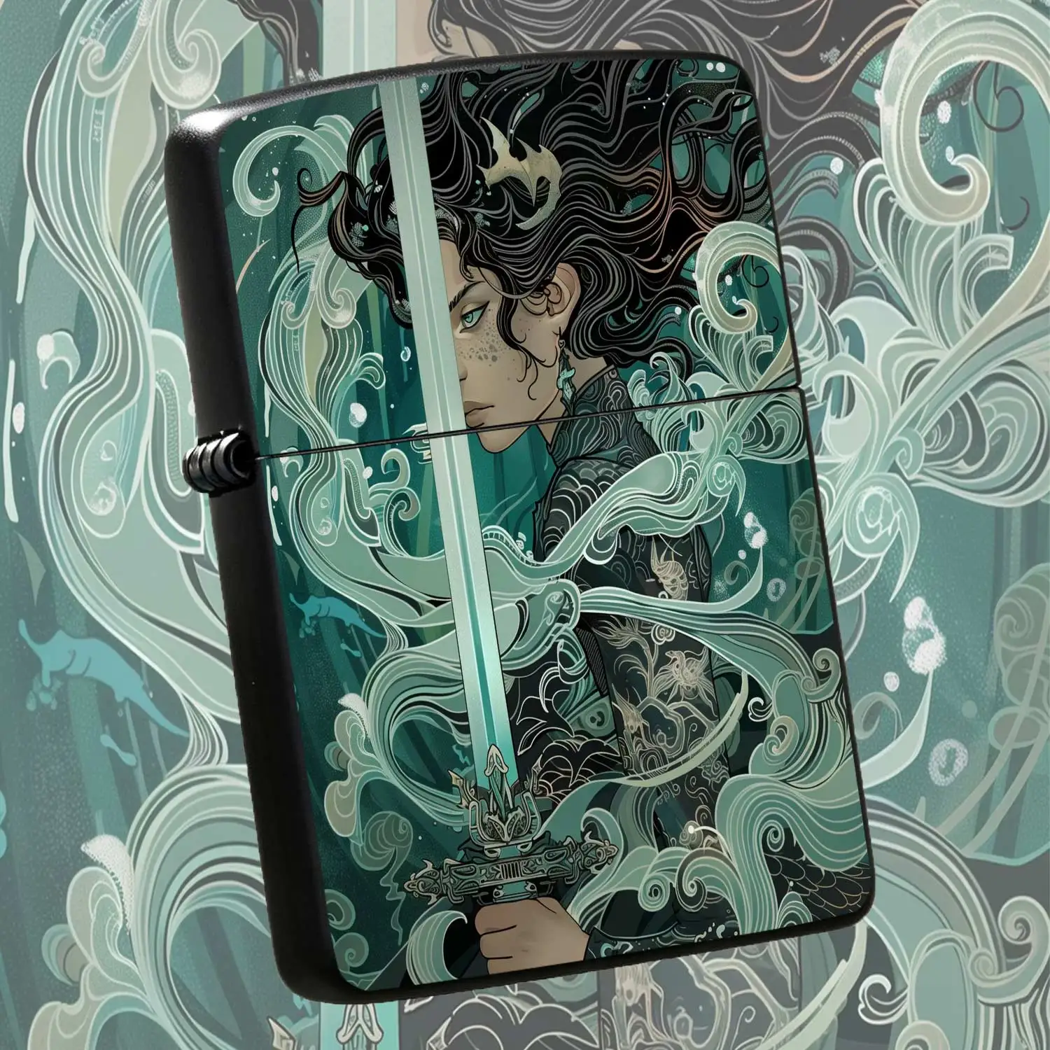 Flip-Top Pocket Windproof  Lighter, Featuring Hand-PaintedStyle Deep Sea Swordswoman Art, Portable Refillable Lighter with Vintage Aesthetic, Ideal for Personal Use and Creative Collectible Gift Humorous and Fun Ligh