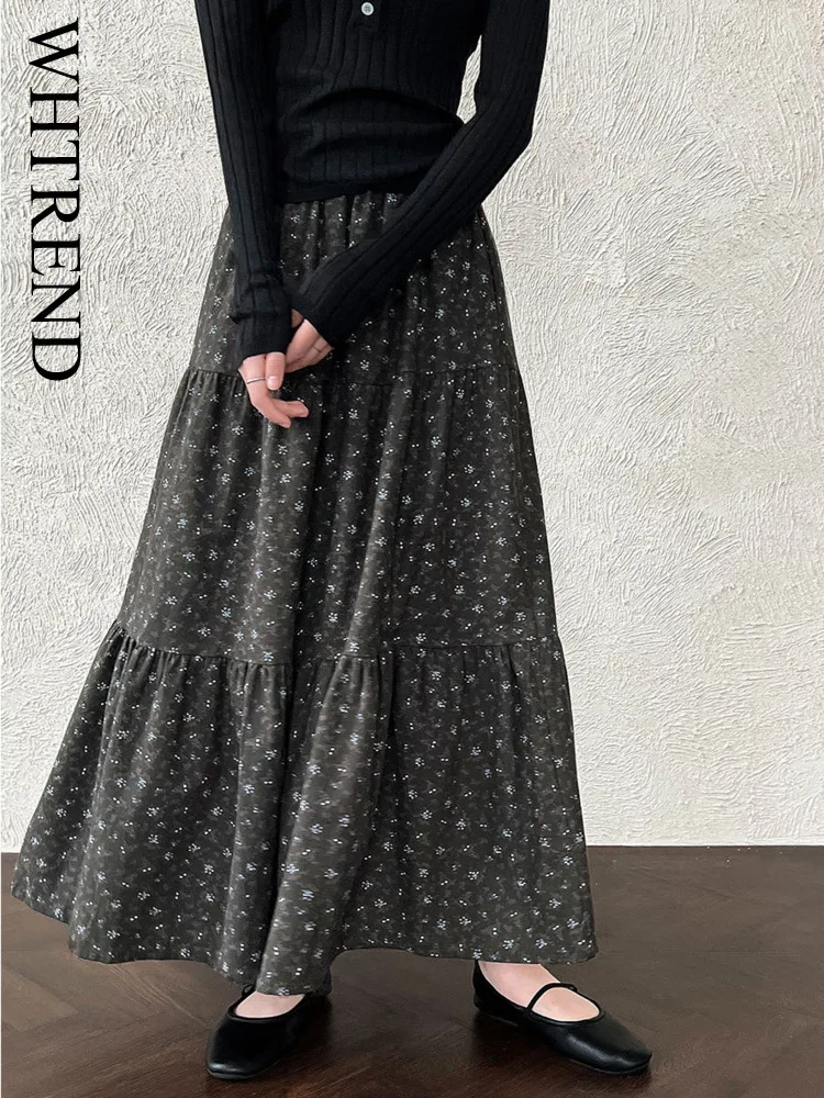 

WHTREND Floral Patchwork High Elastic Waist Skirt For Women New Autumn Long Skirts WH1433