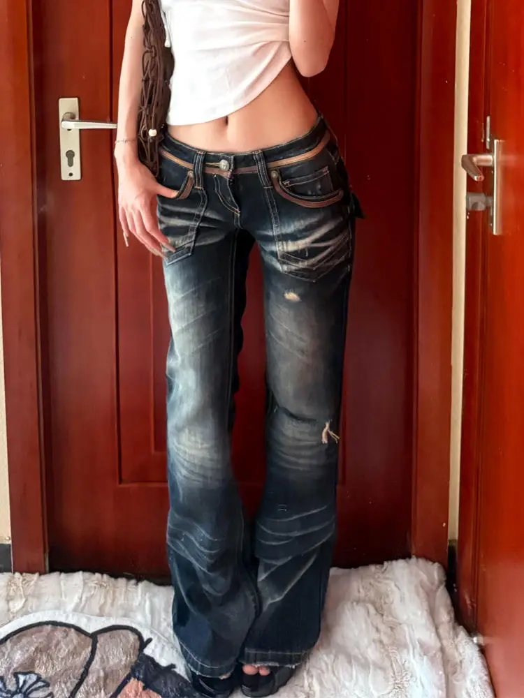 

Американские винтажные женские джинсы с низкой талией и тяжелой рабочей талией, летние уличные расклешенные брюки Y2K с пряными царапинами, синие длинные брюки