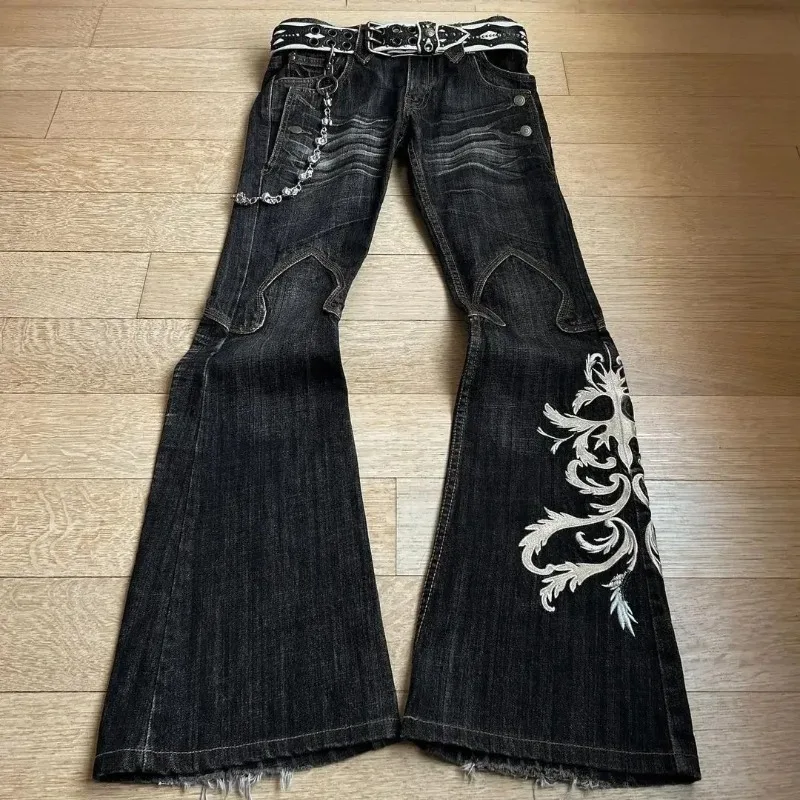 

American High Street New Embroidery Jeans Men Women Same Style Punk Flared Pants Y2k Washed Long Pants Dark Style Denim Trousers