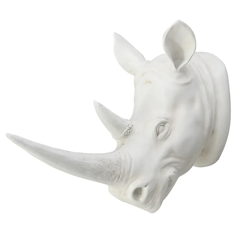 Resin Exotic Rhinoceros Head Ornament, White Animal Statues, Crafts for Home, Hotel, Wall Hanging Art Decoration, Gift, MGT