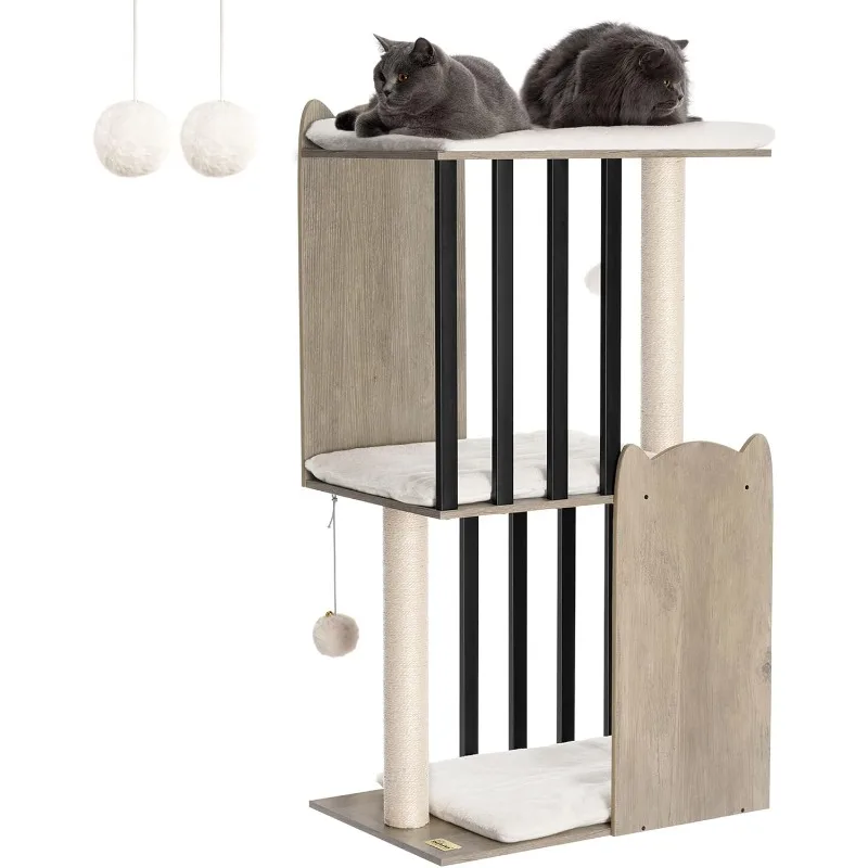 43.8in 3-Tier Modern Cat Tree Tower Condo, Cat Scratch Posts for Indoor Cats, Big Plate, Two 19.7in Full Sisal Scratching Posts