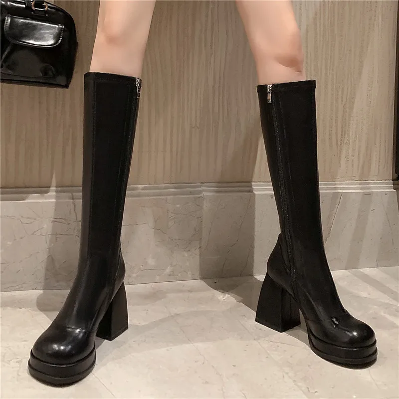 New Peach Heart Decoration Waterproof Platform Knight Boot Genuine Leather Elegant Super High Heels Women Thick Sole Length Boot