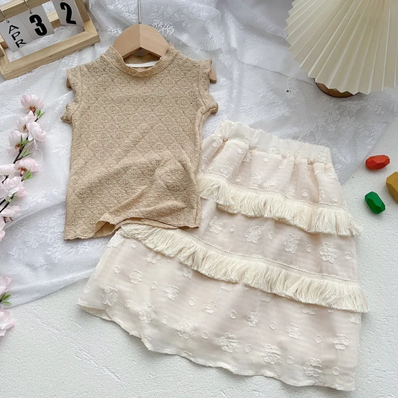 

Children's Outfit Dress New Summer Girl Baby Internet Celebrity Stylish Retro Top+Tassel Hem Midi Skirt Two-Piece Set