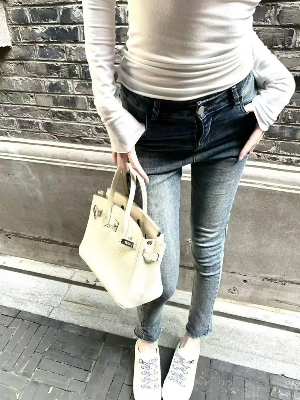 

High Waist Blue Stretchy Slimming Pencil Nine Points Pants Women's Vintage Washed Denim Skinnies Spring Autumn Cotton Stretch
