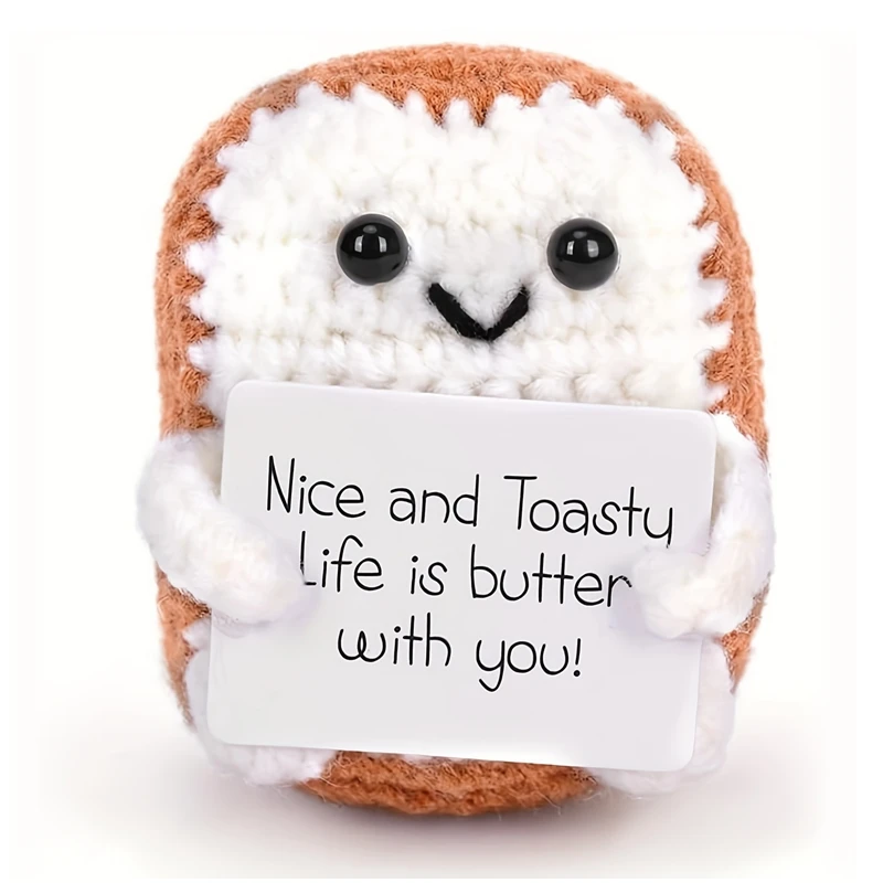 

Positive Crochet Toast Dolls with Card Funny Emotional Support Desktop Ornament Gift Handmade Knitted Figurine Home Decoration