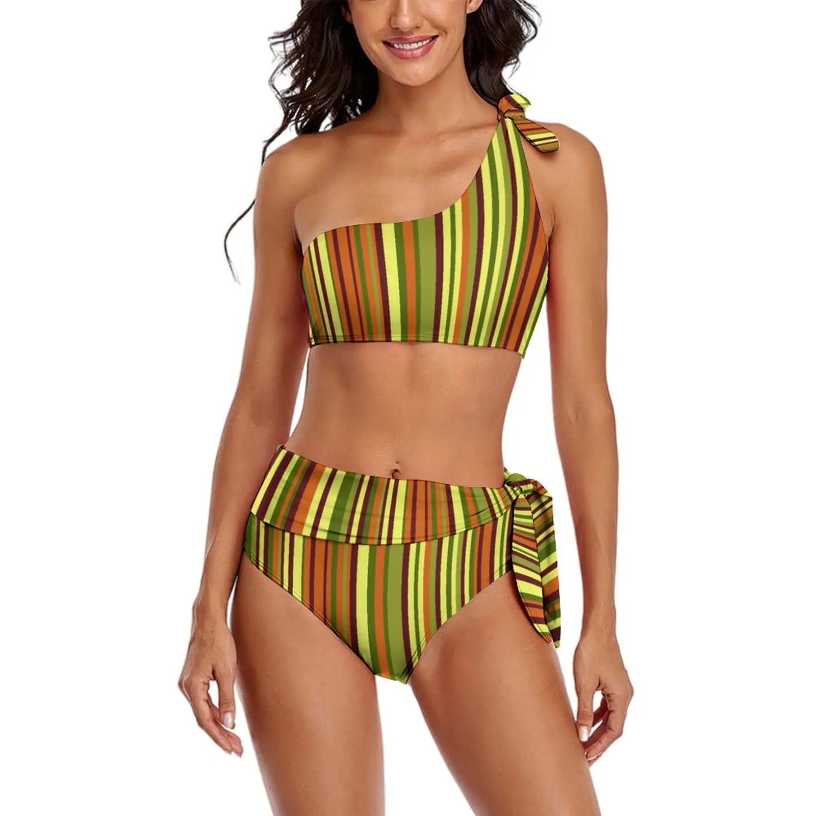 Costume da bagno Bikini Sexy con stampa a righe alla moda costumi da bagno a righe colorate Bikini estetici a vita alta con cravatte Bikini femminili