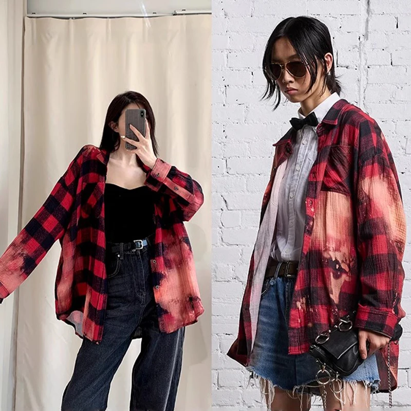 

NIGO LP Autumn And Winter Washed Cotton Patchwork Check Lapel Loose Long Sleeve Shirt #nigo61272