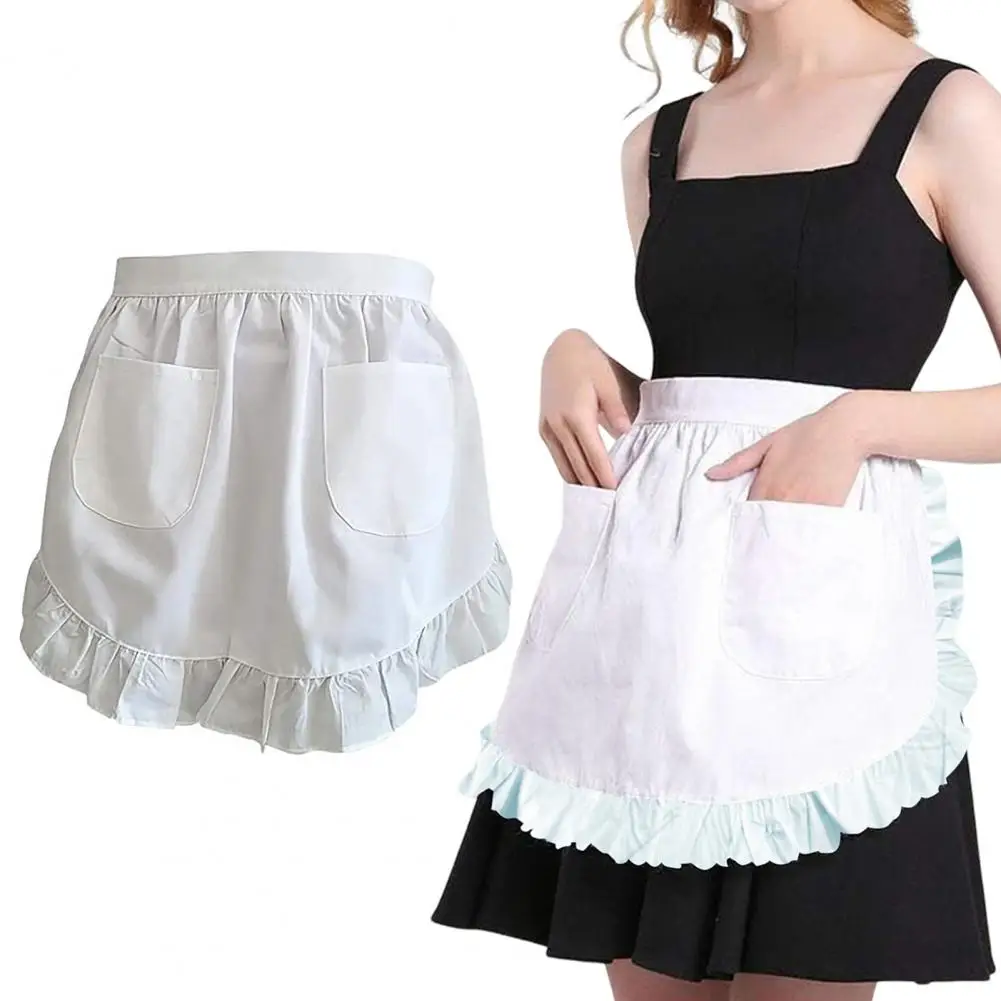 Women Maid Costume Apron White Waist Apron with Ruffles And Pockets Kitchen Apron Cooking Baking Grilling Maid Aprons