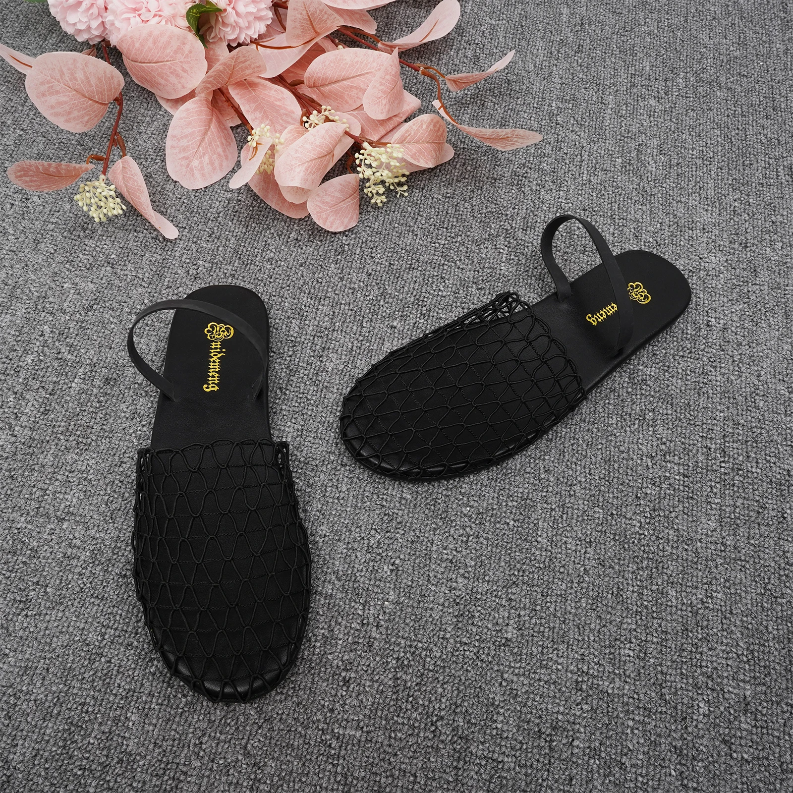 GJ niche brand woven hollow mesh comfortable flat sandals 2024summer new fashionable and breathable Roman handmade slippers34-44