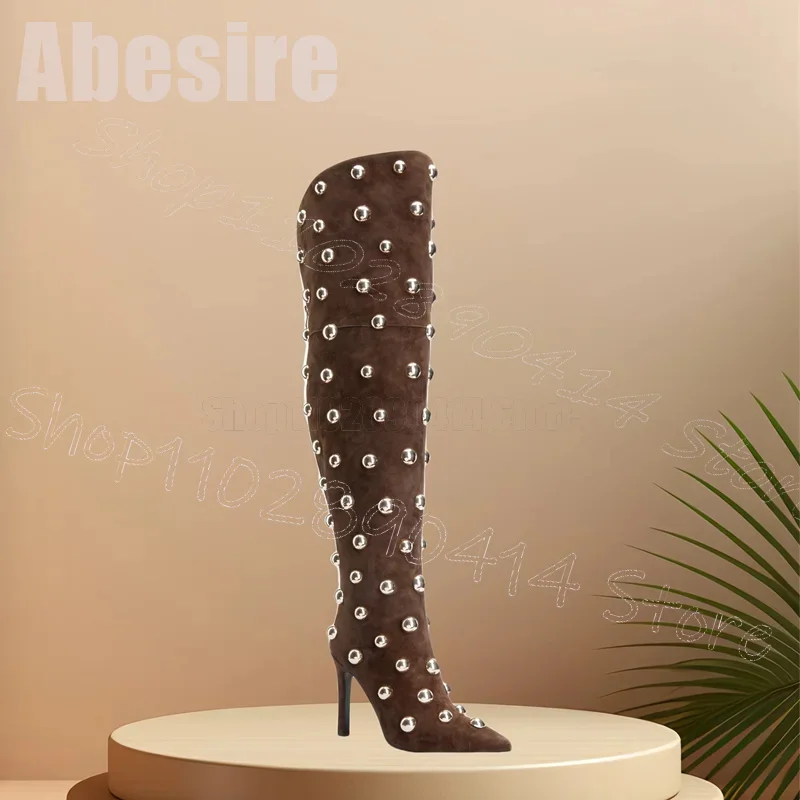 

Gold Round Rivets Brown Pointed Toe Boots Back Zipper Women Shoes Thin High Heels Party Banquet Dating 2025 Zapatos Para Mujere