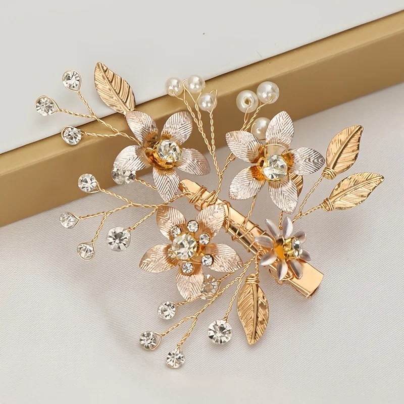 Golden Flower Bride Hair Clip Barrettes Fashion Hair Accessories Wedding Hair Jewelry Pearl Rhinestone Hairpins Women Headpiece