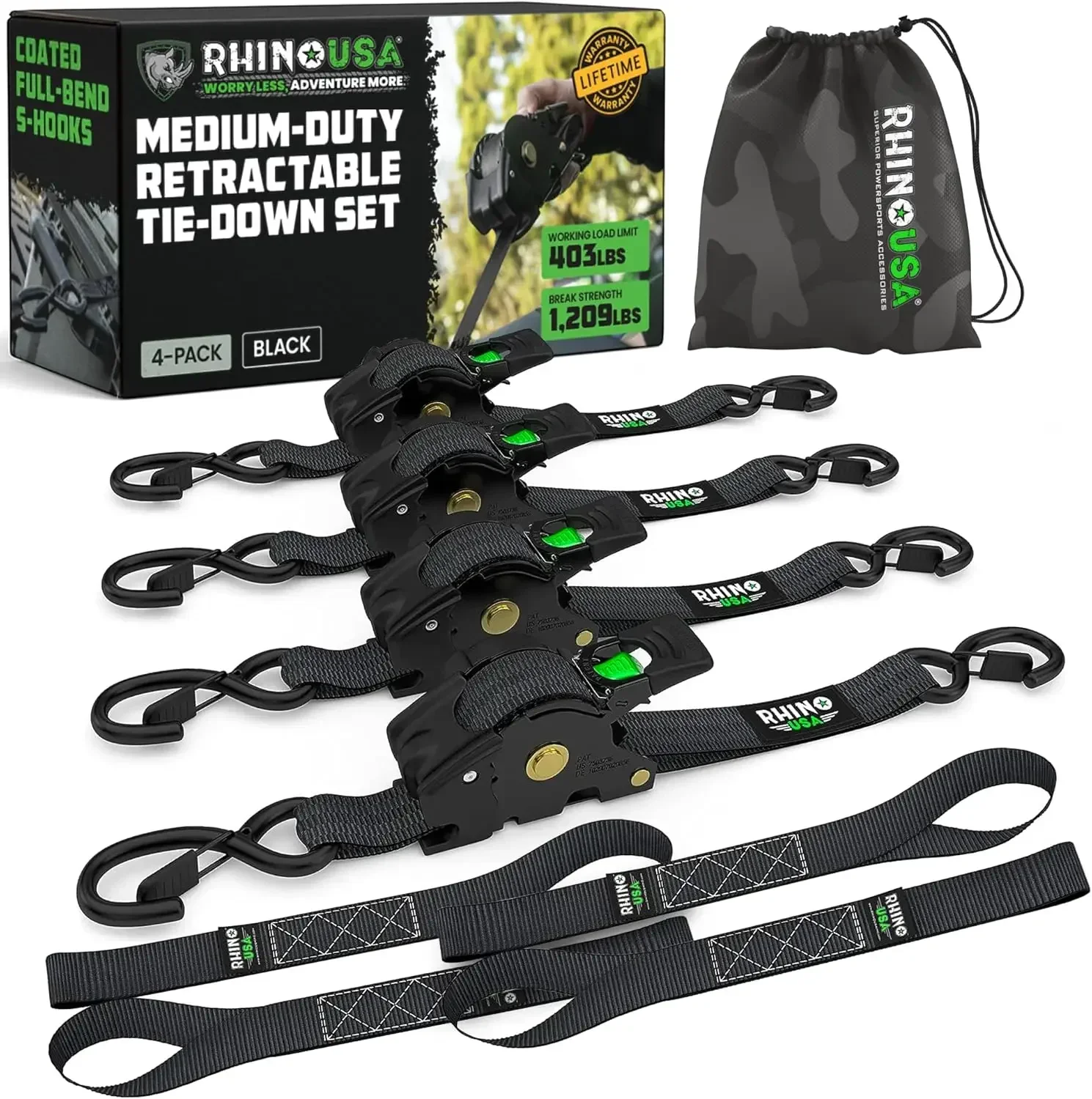 

Retractable Ratchet Straps (4-Pack) - 1 Inch x 10 Feet (1,209lb Break Strength) - Heavy Duty Auto Self Retracting Tie Down