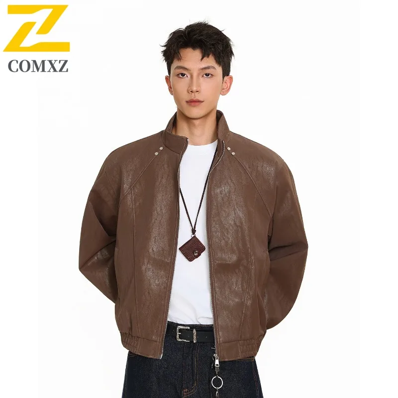 

COMXZ Мужская кожаная куртка для пеших прогулок и путешествий, ветрозащитное кожаное пальто с воротником-стойкой, повседневное повседневное легкое осеннее новое ветровка