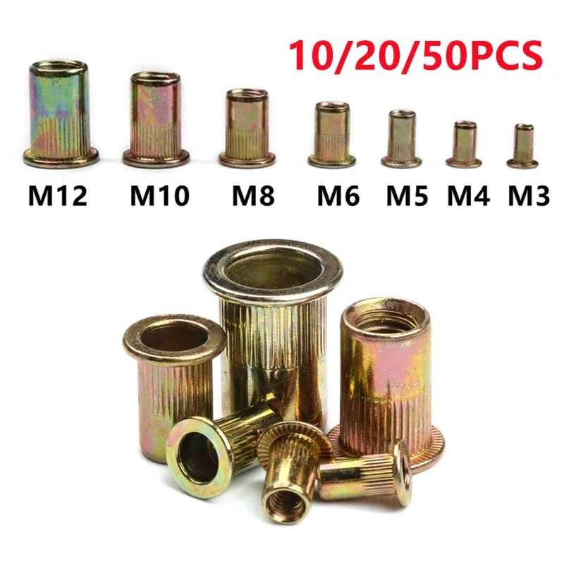 10/20/50PCS Rivet Nuts Carbon Steel M3 M4 M5 M6 M8 M10 M12 Flat Head Rivet Nuts Hardware Multi Sizes Insert Rivet Nuts