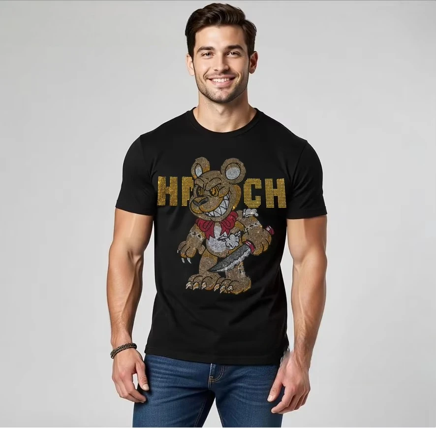 2026 Neues Cooles Luxus-Kristall-Strass-Herren-T-Shirt aus Reiner Baumwolle mit O-Ausschnitt, Kurzarm, Sommer-Street-Style, Weich und Bequem – Detail 6