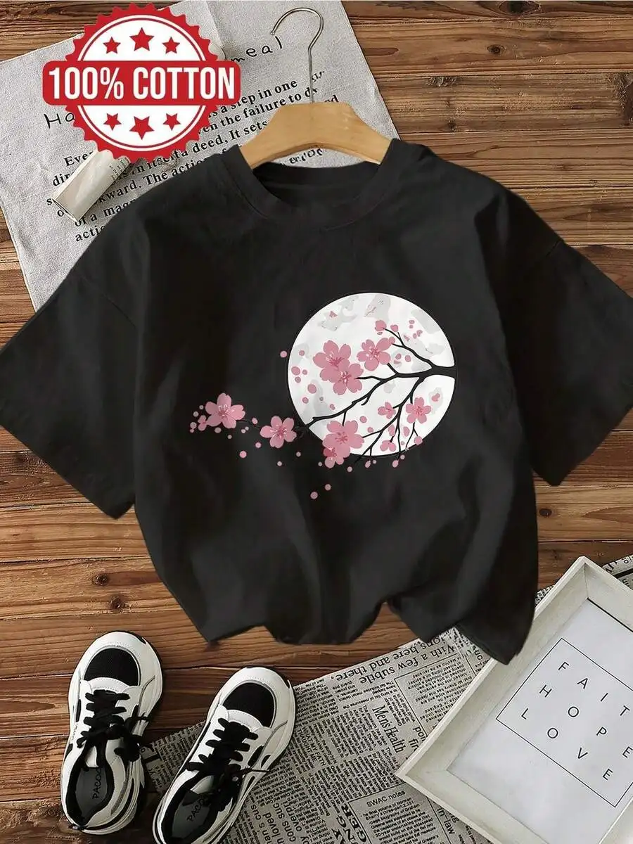 

Cotton T-Shirt For Women Black Short Sleeve Casual Relaxed Fit Floral Print