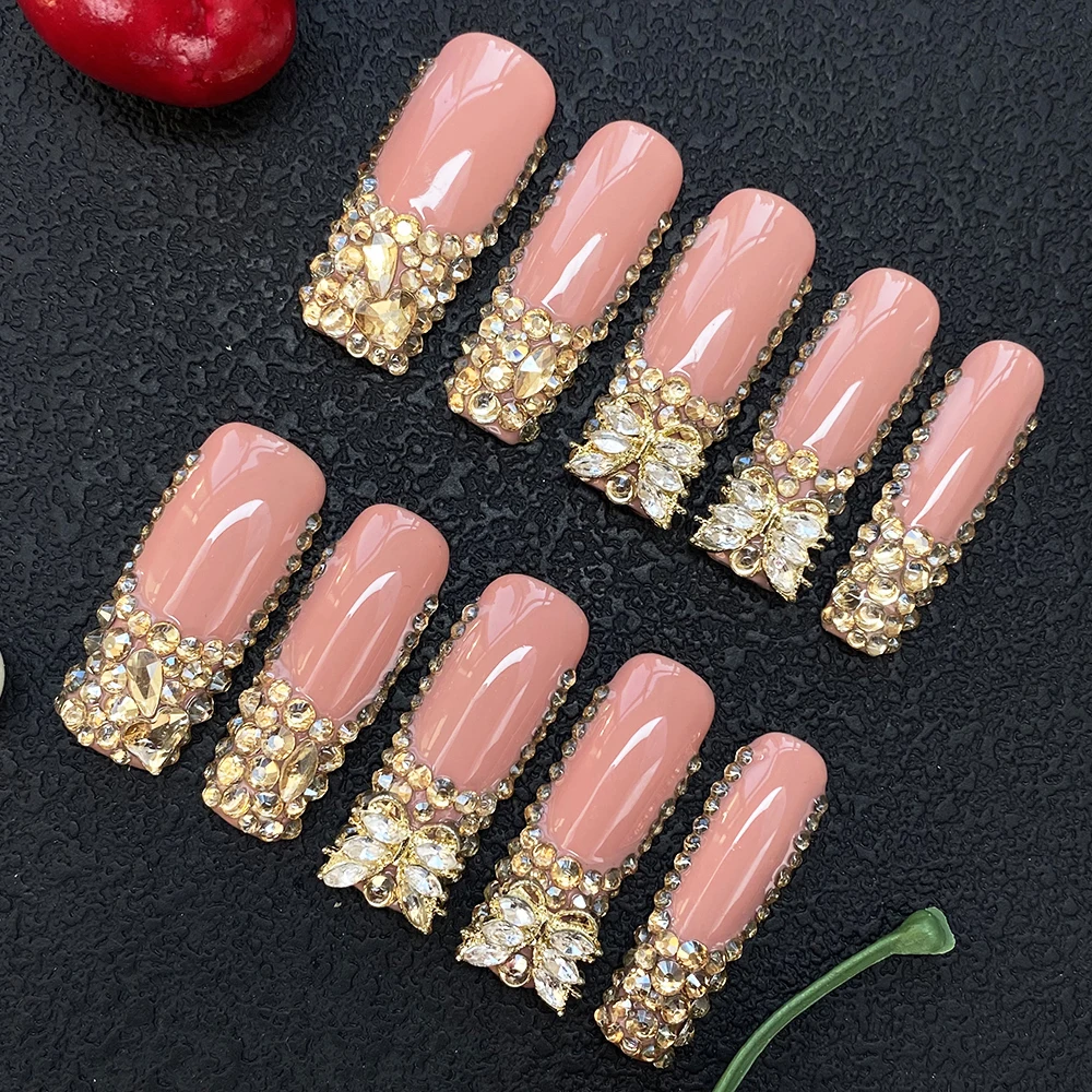 

Роскошные акриловые накладные ногти ручной работы со стразами, 100% ручная работа, в стиле Y2K, многоразовые, 10 шт. с клеем и инструментами