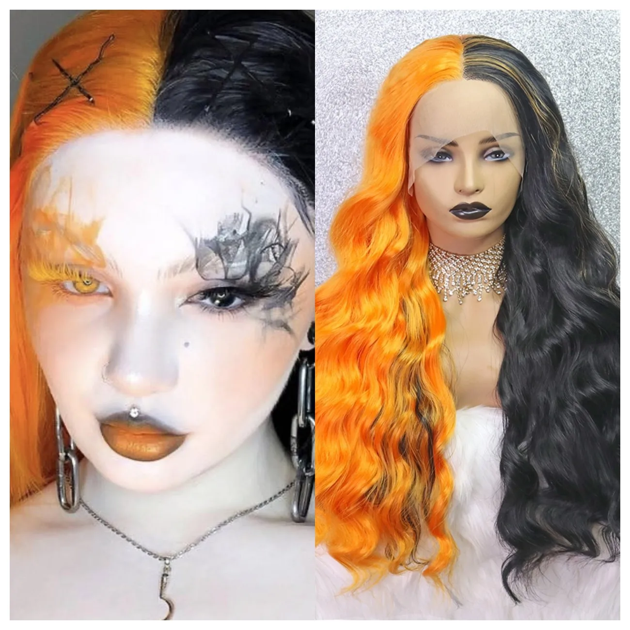 

Half Black Half Orange Wig Glueless Synthetic 13X4 Lace Front Wig Middlepart Loose Wave Heat Resistant Cosplay Wigs For Women