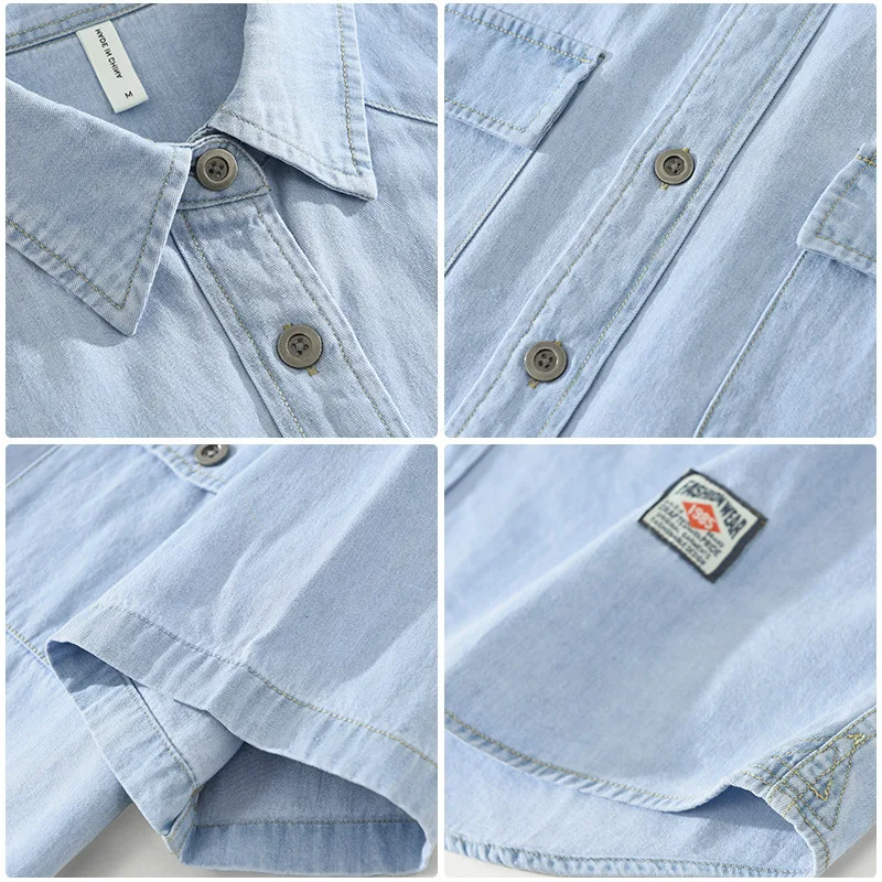 Summer Short Sleeve Denim Shirt Men Daily Causal Loose Blue Jeans Shirt Japanese Double Pockets Shirt Youth Fashion Male Shirts