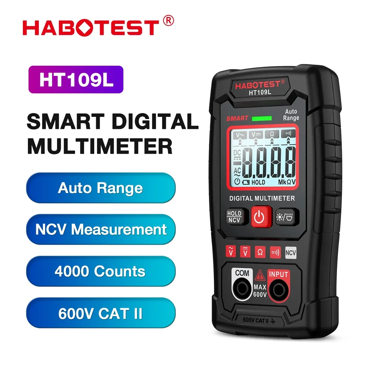 HABOTEST HT109L Digital Multimeter 600V DC AC Voltage Tester NCV Resistance Continuity Tester Smart Auto Range Multitester